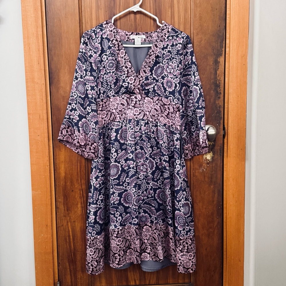 Vtg WD.NY Pink and Purple 100% Floral /Flowers 3/4 Sleeve V-Neck MIdi Dress 6